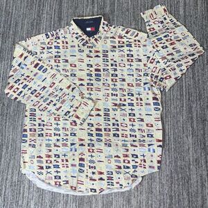 VTG 90s Tommy Hilfiger World Flags All Over Print Long Sleeve‎ Shirt Mens XL